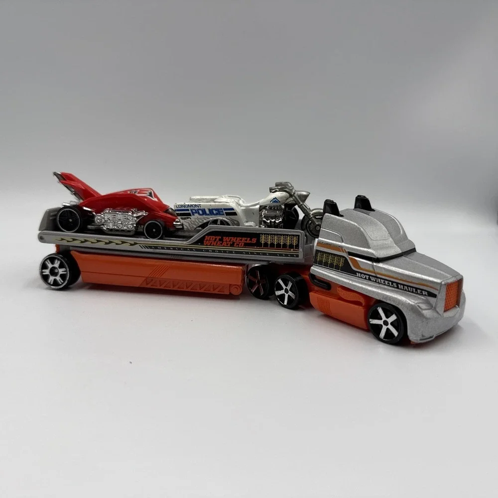 Hot Wheels WHEAT CO. HAULER Truck & Trailer Silver w/ Orange 2002 Mattel + 2Cars